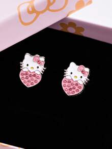 SANRIO 1 Pair Fashionable Hot-Selling Hello Kitty Rhinestone Inlaid Heart-Shaped Cute Earrings, Can Be Given As A Gift To Best Friends, Can Be Worn With Beautiful Clothes For Daily Wear - Pink - View 2