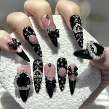 10pcs/Set Cute Kawaii Long Handmade Nail Stickers Y2K Style Popular Girls Fake Nails Bow Bear Heart Diamond Luxury Style Fake Nails (Includes 1pc Jelly Sticker + 1pc Nail File) Handmade Press On Nails - 彩色 - 查看 4
