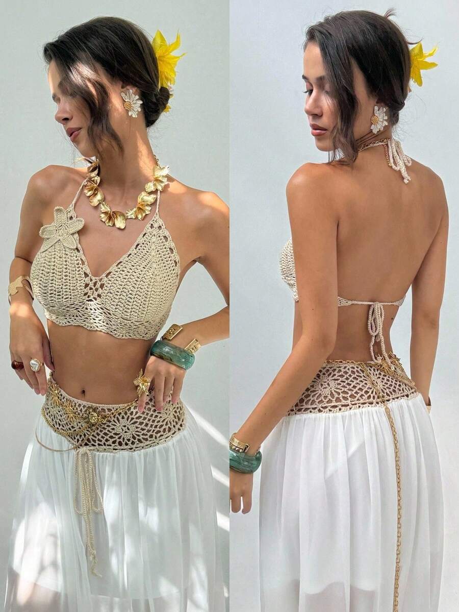 Women's 2-Piece Set: Sleeveless Knit Top With 3D Flowers + Halter Crochet Chiffon Skirt, Tropical Bohemian Design, Ideal For Summer, Beach, Vacation, Autumn And Winter - 貝斯 - 查看 1