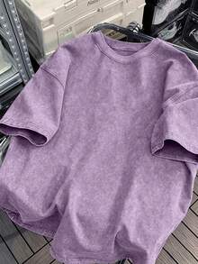 Vintage Washed Pure Cotton Men Crew Neck T Shirt Oversized Comfortable Daily Street Vacation All-Match Casual Basic Tee - 淡紫色 - 查看 3