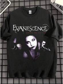 1Vintage Rock And Roll Pattern T Shirt,Features An Iconic Printed Design,100%Soft And High-Quality Cotton,Machine Washable,Loose-Fitting Street Style, - 黑色 - 查看 1