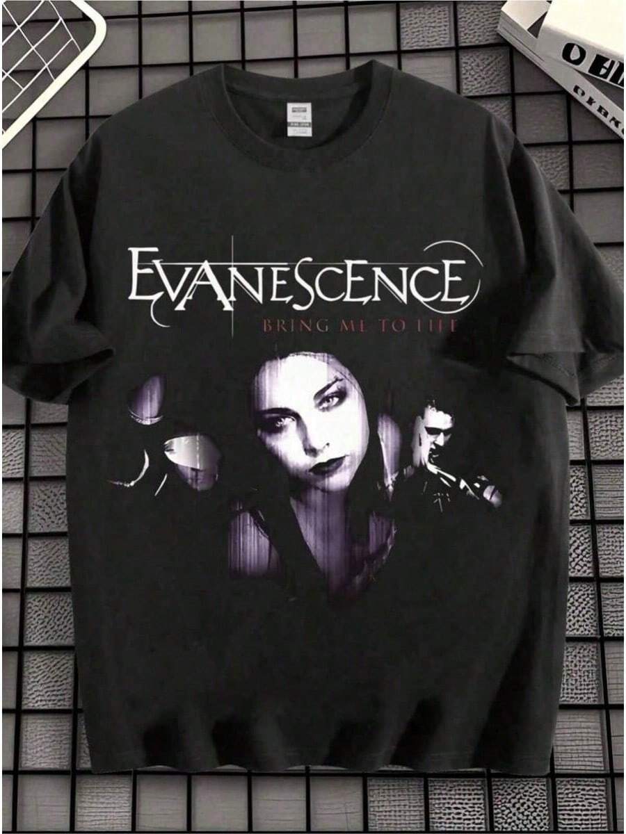1Vintage Rock And Roll Pattern T Shirt,Features An Iconic Printed Design,100%Soft And High-Quality Cotton,Machine Washable,Loose-Fitting Street Style, - 黑色 - 查看 1