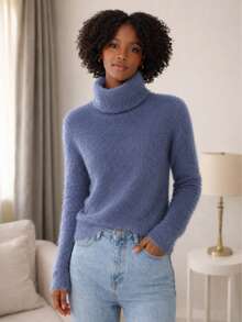 Furry Spotted Turtleneck Rabbit Wool Blouse – Soft, Elegant And Comfortable Rabbit Wool Turtleneck Blouse | Sophistication And Comfort - Azul Névoa - 查看 1