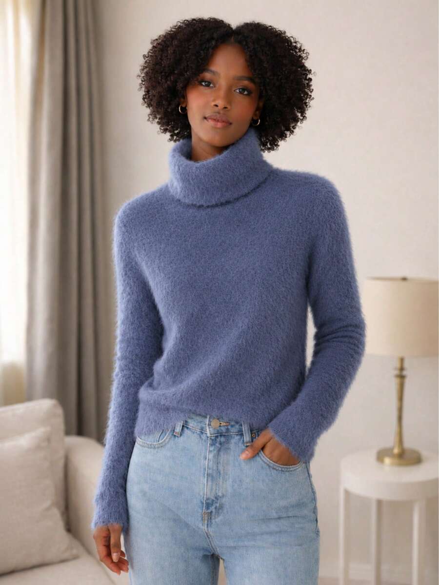 Furry Spotted Turtleneck Rabbit Wool Blouse – Soft, Elegant And Comfortable Rabbit Wool Turtleneck Blouse | Sophistication And Comfort - Azul Névoa - 查看 1