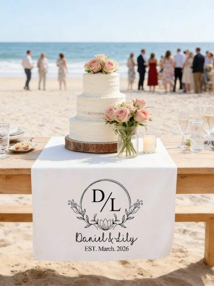 Camino de mesa personalizado para boda y pancarta de bienvenida, adecuado para boda, recepción, ceremonia, tela tejida, texto personalizable, decoración de mesa rectangular, adecuado para eventos al aire libre, decoración con nombre/fecha/frase - Multicolor - Ver 1