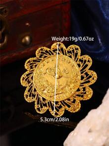 1pc Vintage Palace Style Women's Ring, Floral Hollow Carved Design With Ottoman Coin, Extra Wide Band, Jewelry Accessory For Women's Wedding And Banquet - Gold - View 5