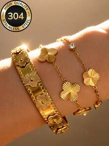 304 Stainless Steel Fashionable Stackable Summer Women's Jewelry Set, Gold Floral Clover Bracelet, Laser Embossed Flower Bracelet, Light-Shadow Embossed Clover CZ Pendant Bracelet, Daily Wear & Party Outfit, Waterproof & Non-Fading, Christmas Gift - Gold - View 6