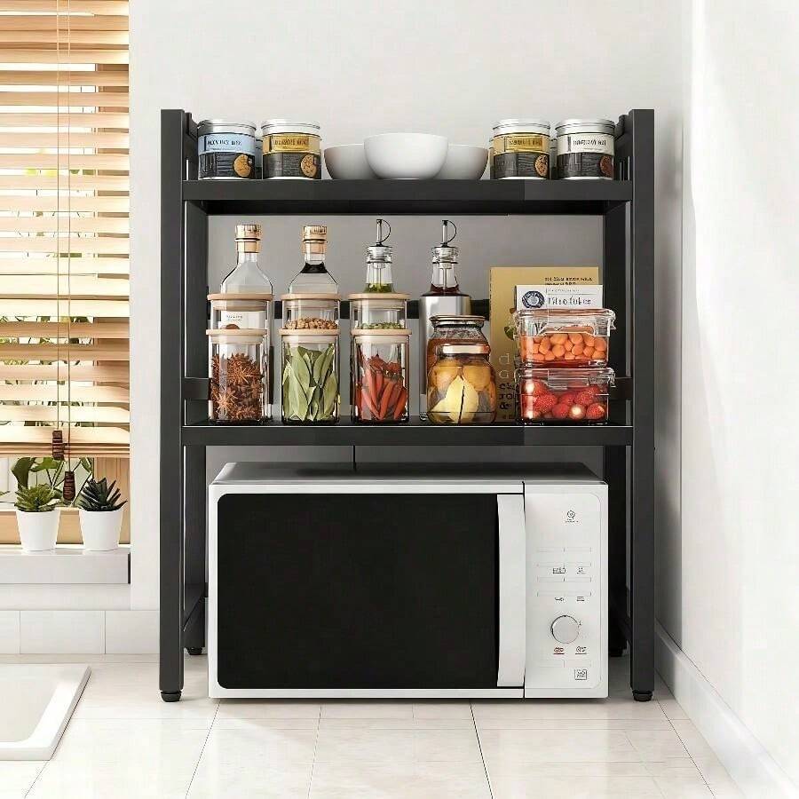 3/2-Story Kitchen Storage Rack With 6 Hooks, Expandable Microwave Rack, Microwave Storage Rack, High Load-Bearing Design, Rust Resistant And Durable, Suitable For Kitchen/Office/Storage Room, Expansion Range 40-64cm (Black), Standing Shelf - Black - Three Layers - View 1