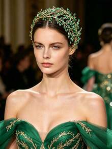 European & American Fashion Green Long Leaf Rhinestone Headband, Handmade Colorful Crystal Bridal Side Hair Accessory, Wedding Gown Evening Dress Styling Rhinestone Headpiece - Green - View 8