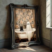 1pc Frameless Halloween Ghost Cat Bubble Bath Pattern Horror Bathroom Wall Art Poster, Aesthetic Apartment Living Room Bedroom Decor, Back To School Personalized Poster, Dorm Essentials - Frameless - View 4