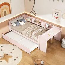Flat Bed 90 X 200 Cm With Pull-Out Bed, Integrated Desk And Three Side Shelves, Pink. - 粉色 - 查看 3