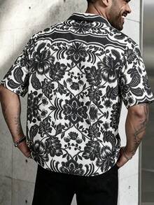 1pc Men's Textured Print Polo Shirt, Couple, Turn-Down Collar, Single-Breasted Short Sleeve Top, Handsome Versatile Casual Commute Top, Elegant Holiday Party Evening Wear, Perfect Gift For Father, Boyfriend, Dad, Friend - Black - View 2