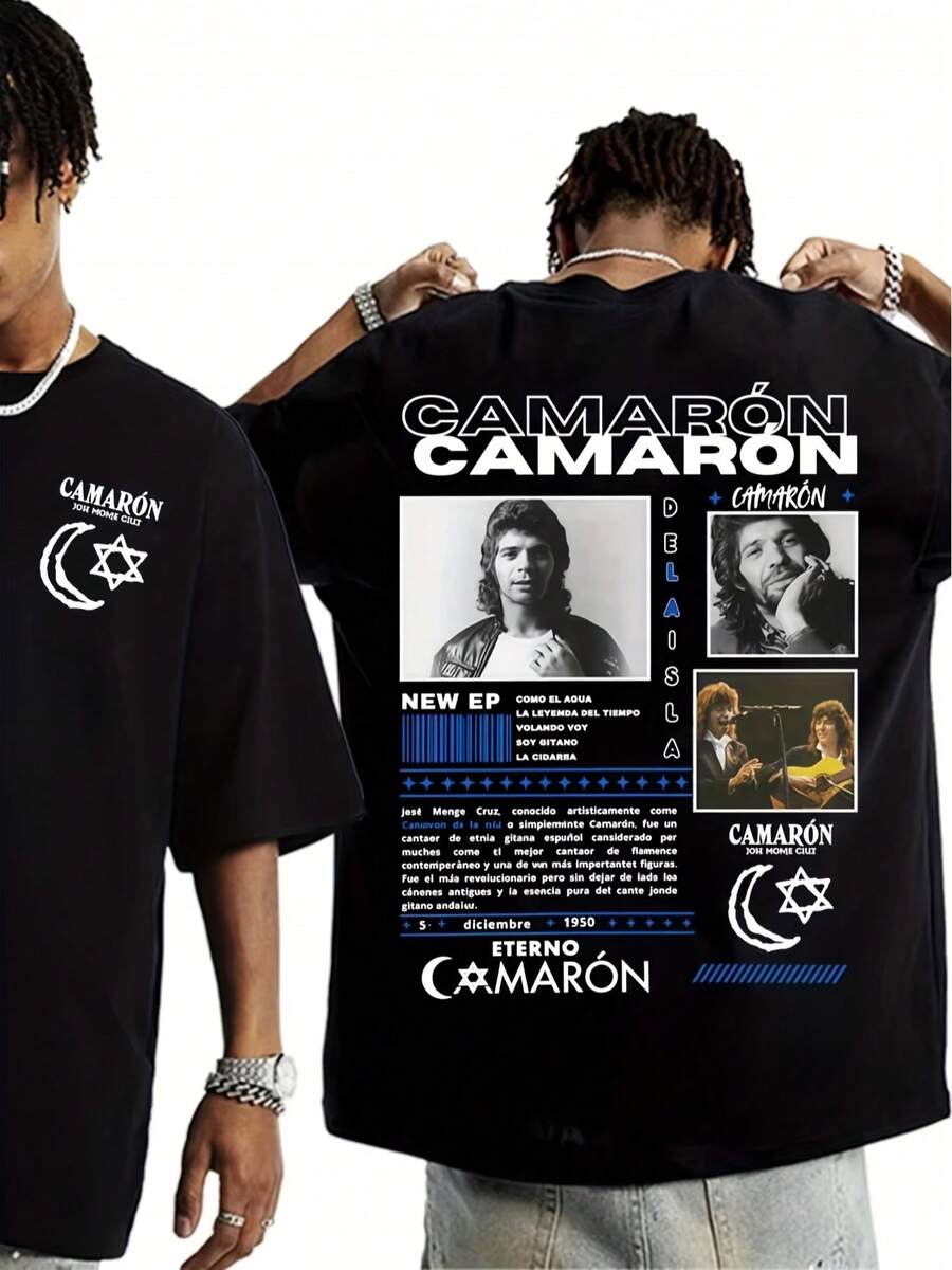 Unisex T-Shirt Of The Retro Rock Band Camaron Delaisla With Spanish Lyrics And Camaron Delaisla Graphic - Casual Short Sleeve Crew Neck T-Shirt, Suitable For Concerts And - 黑色 - 查看 1