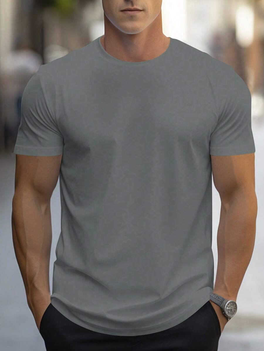 NEOREFINED Men's Casual Solid Color Round Neck Short Sleeve T-Shirt For Summer - Hijau Tentara - View 1