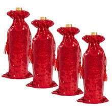 Red Sequin Wine Gift Bag 4 Pcs With Drawstrings 5.5 X 14 Inch Glitter Bottle Covers For Christmas Wedding Birthday - Red - View 1