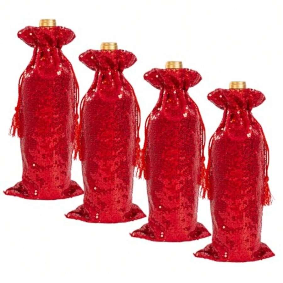 Red Sequin Wine Gift Bag 4 Pcs With Drawstrings 5.5 X 14 Inch Glitter Bottle Covers For Christmas Wedding Birthday - Red - View 1
