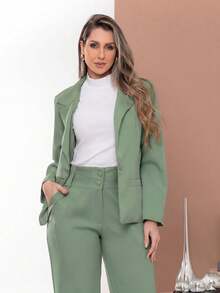 Women's Green Blazer And Pants Set With Lapels, Long Sleeves, Pockets, And Belt Detail, Perfect For The Office In Autumn Or For An Elegant Casual Look. - 淺綠色 - 查看 11