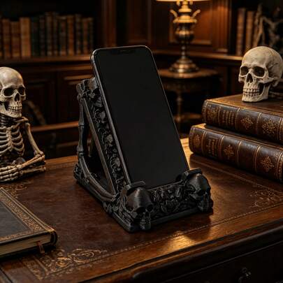 1pc Gothic Skull Phone Stand, Dark Style Desktop Decor, Creative Phone Holder, Suitable For Desk/Office Space Decoration, Halloween Creative Gift