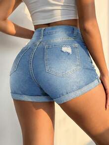 Women's Denim Shorts Summer Casual Rolled Hem Cat Whisker Ankle Detail Lightweight Combination - Light Wash - View 3