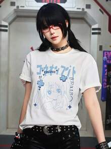 日系動漫藍色女孩印花女款寬鬆落肩純色短袖Y2K清新風白色T恤，女款寬鬆慵懶純色夏季T恤 - 白色 - 查看 3