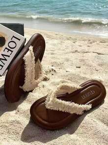 Cream White Frayed Round Toe Thick Sole Flip Flops Women Summer Casual Versatile Outdoor Beach Non-Slip Sandals Toe Strap Valentine's Day Halloween Graduation Season Suitable For Date Shopping Commute Party - Beige - View 3