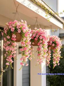 2件裝人造粉色牽牛花與尤加利藤蔓掛牆綠植裝飾，適用戶外花園裝飾、週年紀念、婚禮、派對、居家與節日佈置 - 彩色 - 查看 2