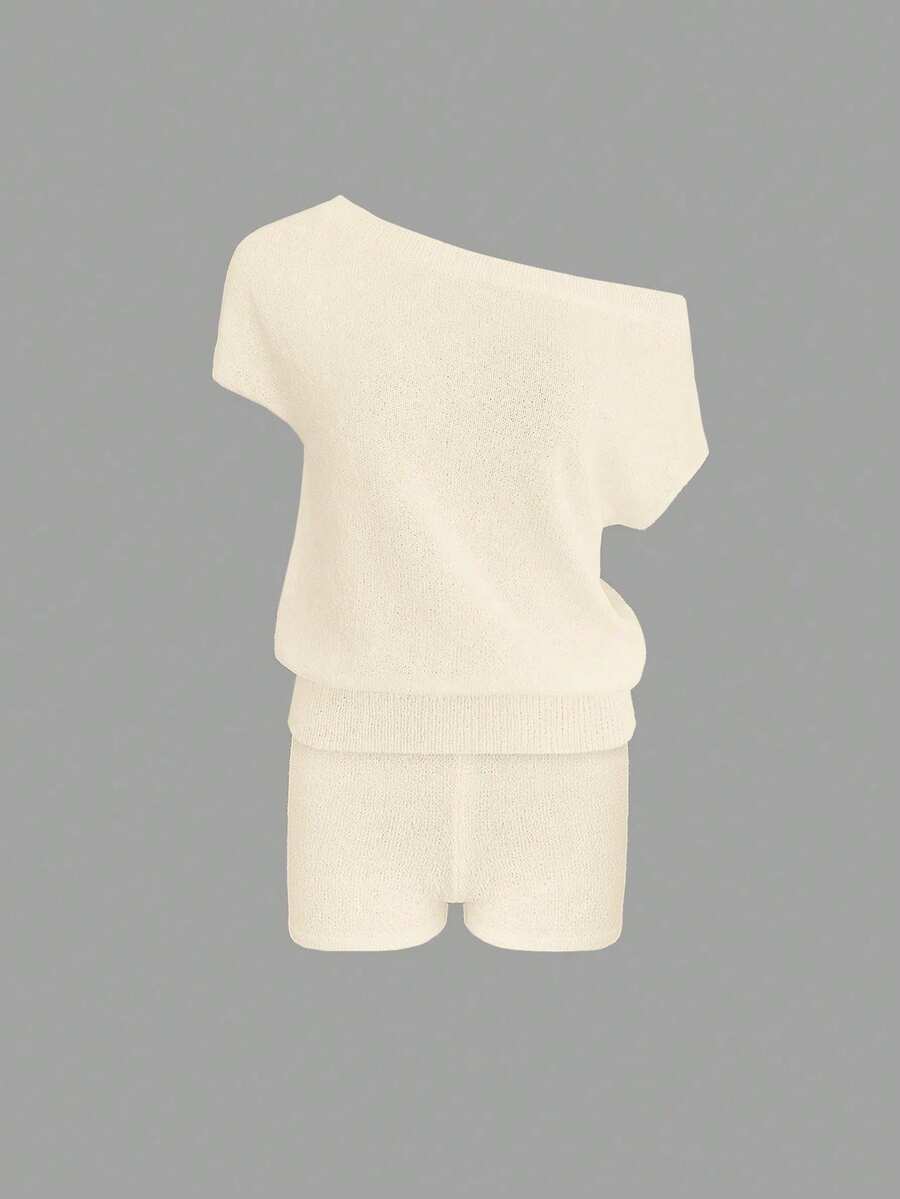 Women's Casual Beach Set - Solid Color Off-Shoulder Knit Top And Straight Leg Shorts, Suitable For Spring And Summer Wear - White - View 1