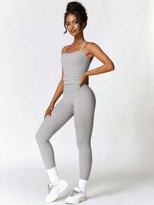 OMEWEE Conjuntos de yoga para mujer,sujetador deportivo con tiras sin espalda y leggings sin costuras, conjuntos deportivos a juego para correr - Gris - Ver 4