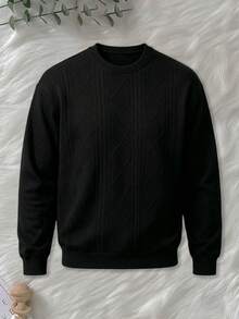 Men's Embossed Diamond Quilted Crew Neck Sweatshirt, Heavyweight Embossed Loose Fit Long Sleeve Pullover, Solid Color Versatile Casual Top - Black - View 2