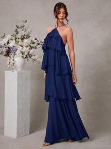 Elegante vestido maxi de gasa con cuello halter y volantes para invitados a bodas románticas - Azul Agua - Ver 4