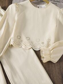 Left Mama Girls' Simple Casual Hollow Pattern Long Sleeve Top & Straight Leg Pants Set, Spring/Autumn - Apricot - View 3
