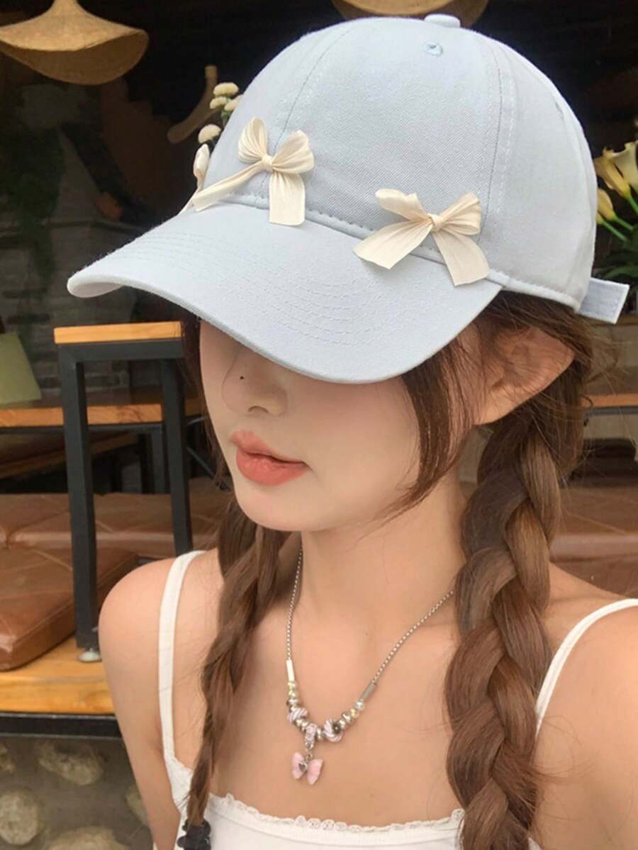 1件甜美女孩淺藍色軟頂棒球帽，附兩朵緞面蝴蝶結裝飾，防風防曬，適合旅行、購物與校園穿搭 - 多色 - 查看 1