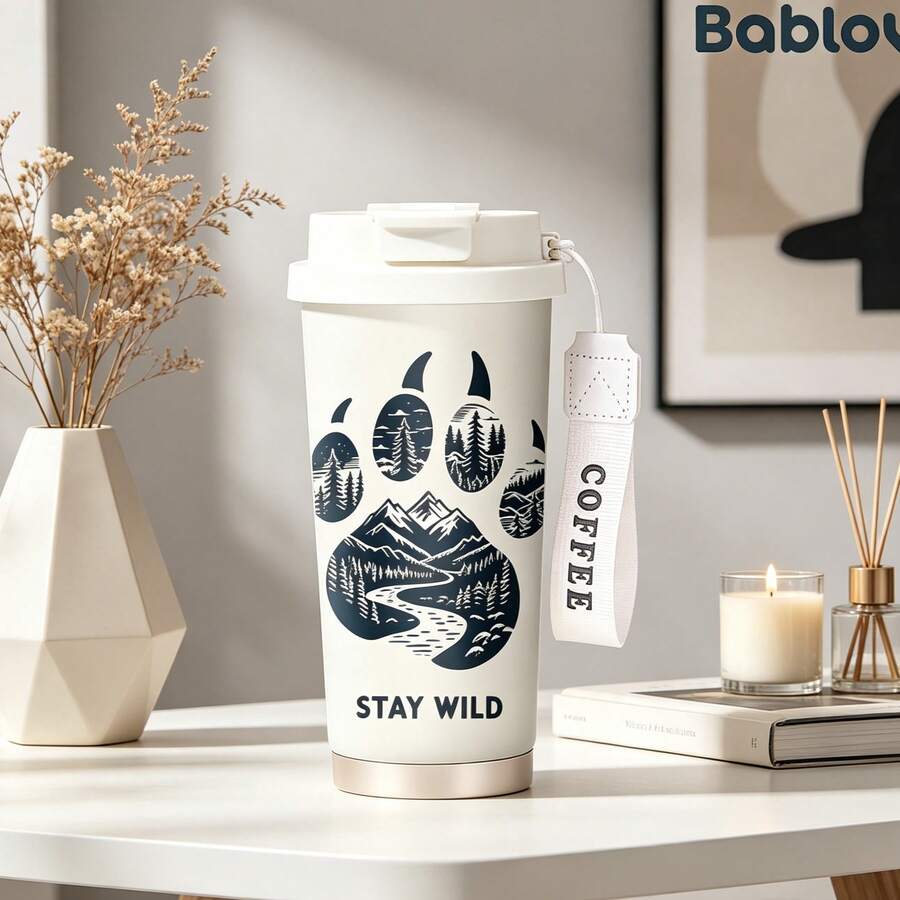 1/5個 18盎司不鏽鋼保溫咖啡隨行杯，Stay Wild 熊掌山林森林印花旅行杯，多功能翻蓋杯蓋附吸管，白色 COFFEE 掛繩，適合戶外露營愛好者的理想禮物，適用於徒步、辦公室與日常使用 - 熊爪 - 查看 1