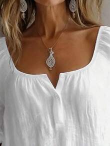 Plus Size Women's Solid Color Button Design Half-Open Collar Shirt, Comfortable For Daily Wear White, Aesthetic - White - View 3
