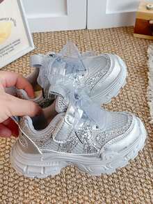 1 Pair Girls' Silver Sequin Mesh Bow Thick Sole Dad Sneakers, Luxury Fairy Princess Style, Suitable For School, Party, Travel And Multiple Occasions - Silver - View 4