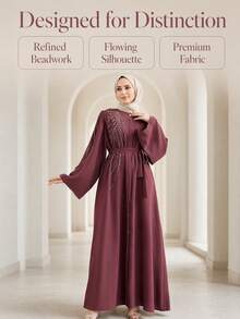 Wine Red Rhinestone Belt Muslim Long Sleeve Full Skirt Dress - Lotus Root Starch - View 8