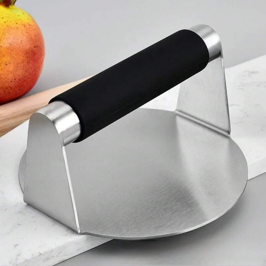 1pc Unisex 430 Stainless Steel Burger Smasher Silicone Handle Non Stick Press For Hamburger Patty Meat Steak Kitchen Tool - Black - View 1
