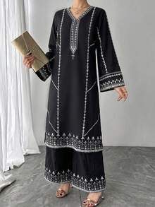 2pcs Women's Set, Black Placement Print Crafted V-Neck Pullover Top + Elastic Waist Skirt, Elegant Luxury Arabic Style Outfit, Suitable For Birthday, Formal Evening, Party, Date, New Year And Other Occasions - Black - View 4