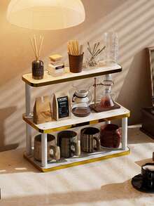 1 pieza Organizador de escritorio de madera maciza dorada de lujo, estante de almacenamiento de cosméticos vintage de varias capas, estante de almacenamiento multifuncional para el hogar, estante de especias de cocina, soporte para tazas de café, puede contener lápices labiales, perfumes y tazas de té, estante de exhibición de encimera ahorrador de espacio - Dorado - Ver 3
