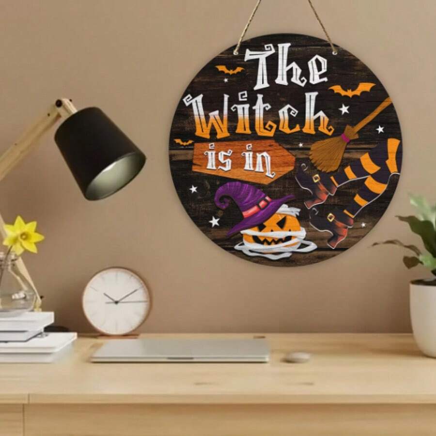 2D Flat Indoor Witch Text Round Wooden Sign, Waterproof & Durable Halloween Party Scene Decor, Witch Hat Broom Pumpkin Lantern Garage Window Home Hanging Ornament