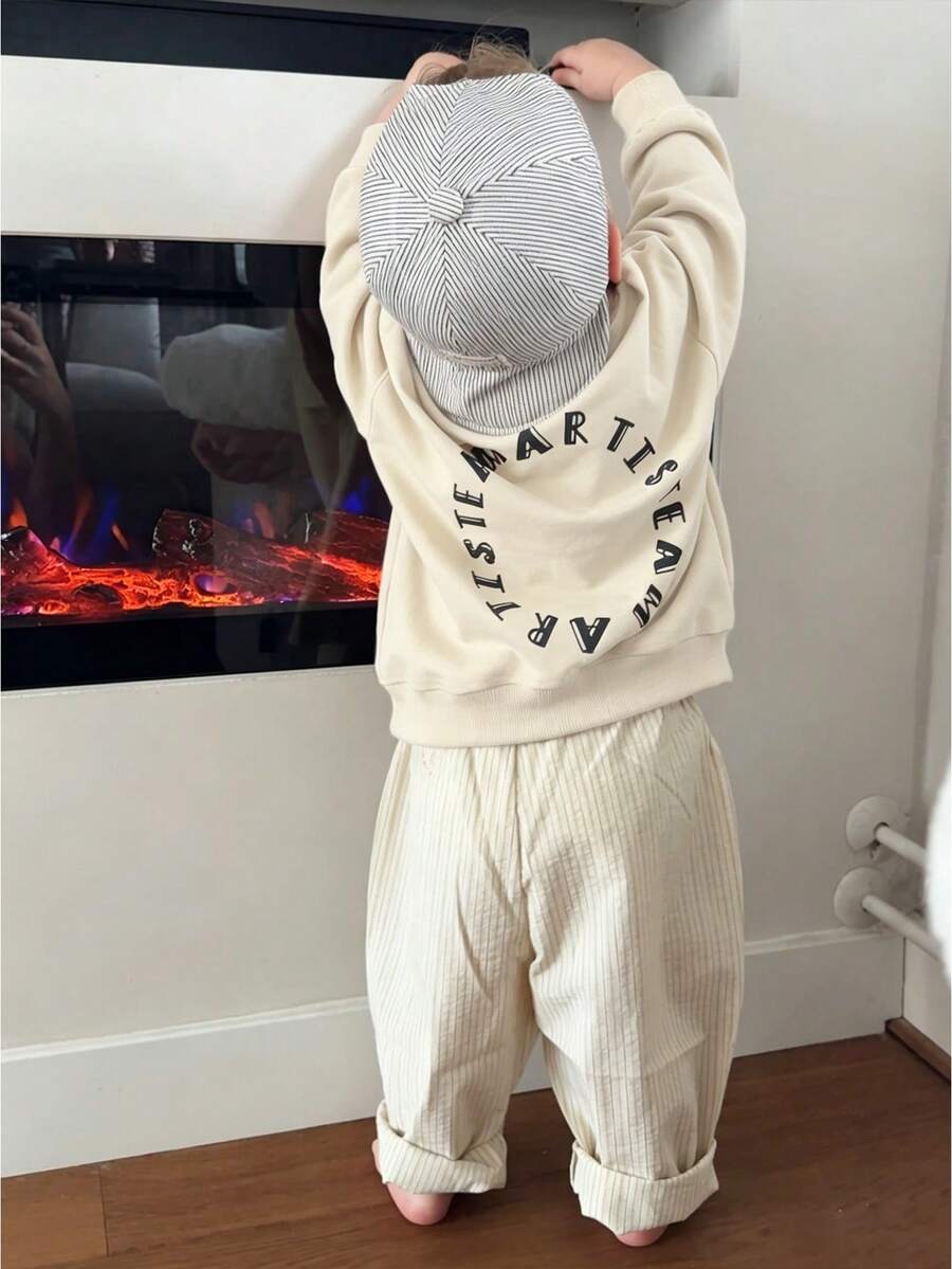 Infant Boys Casual Loose Comfortable Daily Long Sleeve Sweatshirt, English Letter Print, Suitable For Autumn/Winter Wear - Apricot - View 1