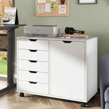 White Storage Cabinet, 5-Drawer With Door Wood Dresser Chest, Mobile Multi-Functional Printer Stand For Home Office - 白色 - 查看 10
