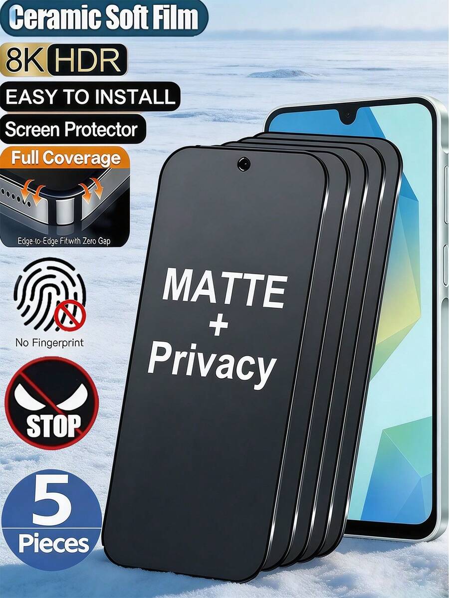 5片裝磨砂防窺陶瓷膜防眩光防指紋手機螢幕保護貼，相容 iPhone 17 16 Pro Max/相容 Galaxy S26 S25 Ultra/相容 15T/15 14 系列，辦公室/地鐵隱私保護，全螢幕防爆防刮防窺軟膜