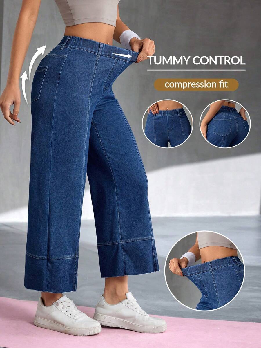 Jeans casuales de pierna recta y largo 3/4 para mujer - Azul lavado medio - Ver 1