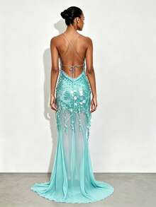 Vestido de Noite Feminino Estilo Europeu e Americano, Decote em V, Sexy, Sem Alças, Costas Nuas, Ajustado, com Lantejoulas, Cauda de Sereia, Saia Longa, Respirável e Confortável - azul - Ver 3