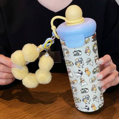 1 pieza Vaso térmico de acero inoxidable de 600ML, Gato lindo/Zoológico, Correa amarilla, Cordón azul, Pajita de silicona, Adecuado para café, leche, jugo, bebidas calientes y frías, uso en camping al aire libre, oficina, escuela, hogar, verano, cumpleaños, regalo para novia, familia y amigos