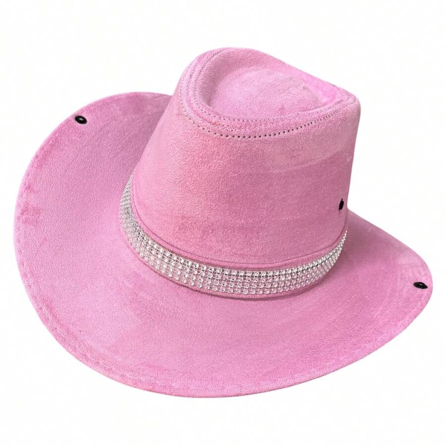 Customized Suede Cowboy Hat With A Sparkly Band. - Baby Pink - View 1