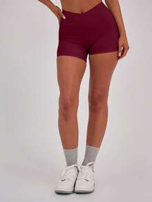 Seamless Crossover Waist Slim Fit Shorts, Soft Fabric Fitness Shorts For Women, Suitable For Sports And Everyday Wear - 杏色 - 查看 1