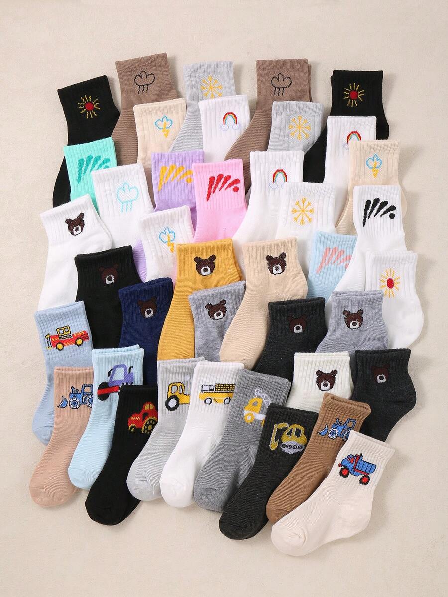 10 Pairs Kids Ankle Socks 1-16 Years Boys Girls Cute Teddy Bear Construction Truck Athletic Sports Socks School Low Cut Crew Short Socks - Multicolor - View 1
