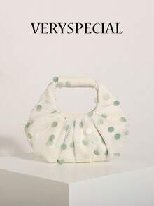 1pc Mint Green Sequin Cloud Bag With Linen Base Fabric, Fashionable Mesh Pleated Design Women's Handbag, Suitable For Beach Vacation - Mint Green - View 2